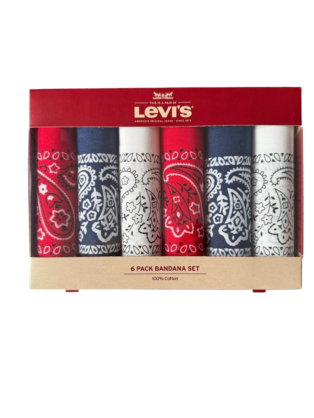 Levi’s 6-Pack Cotton Bandanas Red White Blue Paisley Americana Western NWT